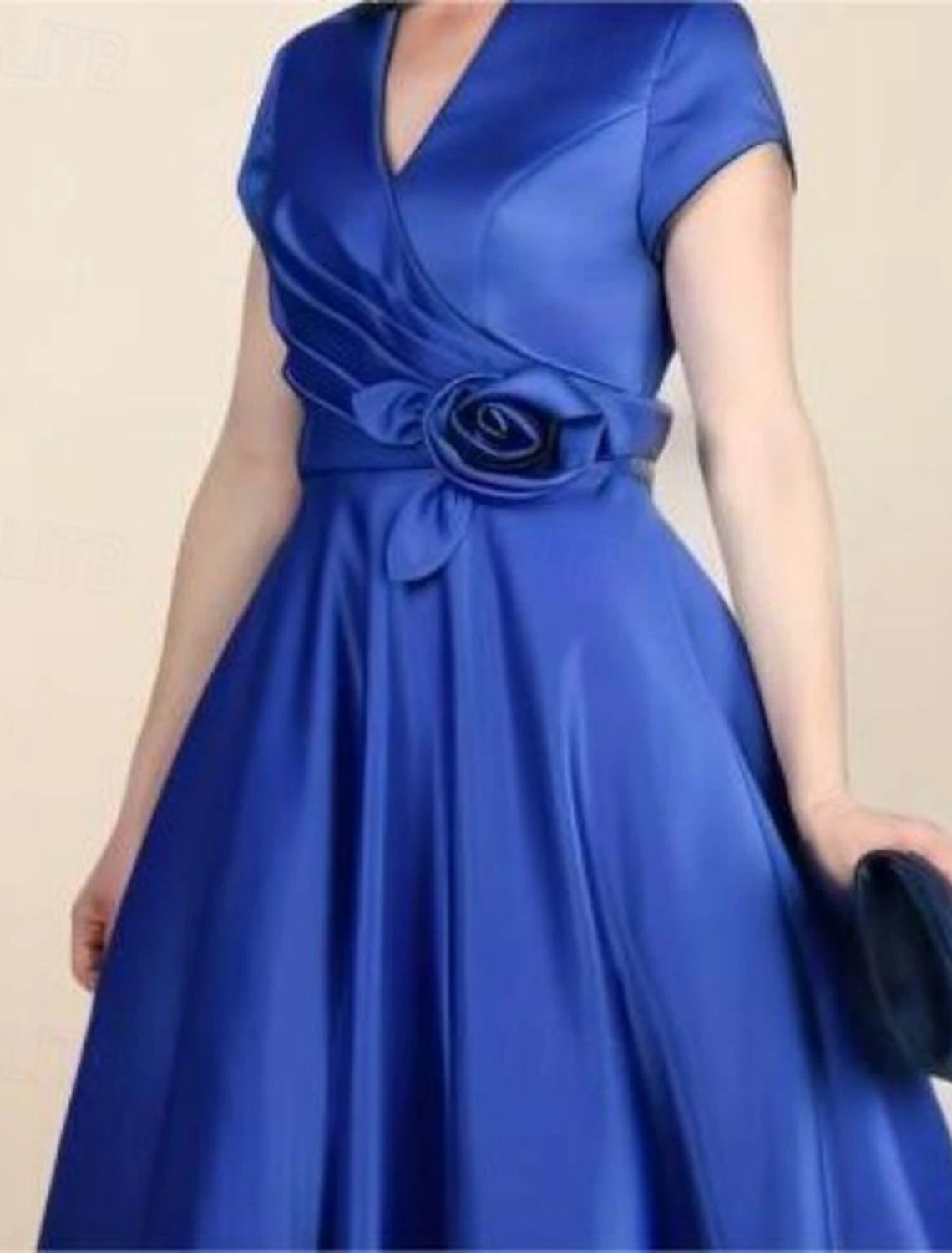 A-Line Mother of the Bride Dress V Neck Tea Length Satin Short Sleeve with Ruched Flower