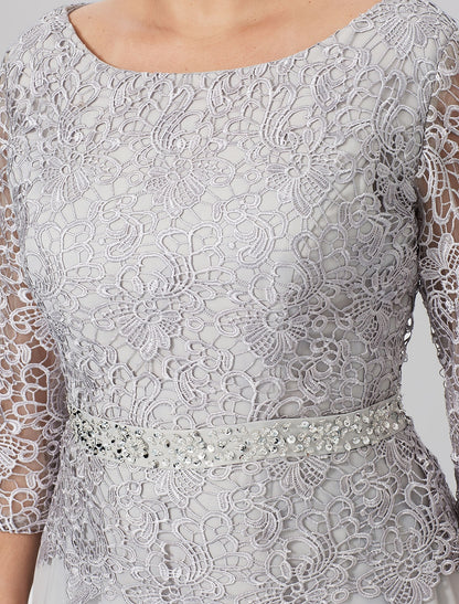 Sheath / Column Mother of the Bride Dress Formal Elegant Plus Size Jewel Neck Floor Length Chiffon Corded Lace 3/4 Length Sleeve No with Lace