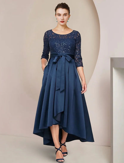 A-Line Mother of the Bride Dress Wedding Guest Elegant High Low Scoop Neck Asymmetrical Tea Length Lace Taffeta 3/4 Length Sleeve with Bow(s) Pleats