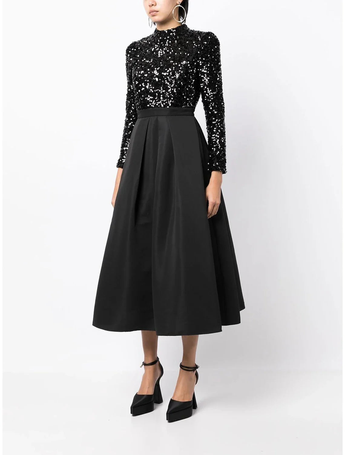 A-Line Cocktail Dresses Backless Black Dress Wedding Party Wear Tea Length Long Sleeve High Neck Satin with Sequin