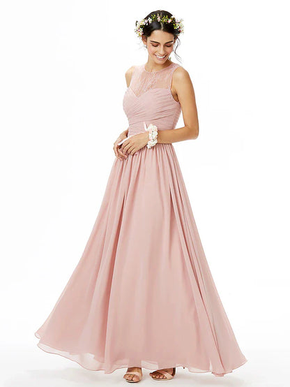 A-Line Bridesmaid Dress Jewel Neck Sleeveless See Through Floor Length Chiffon / Lace with Lace / Criss Cross / Pleats