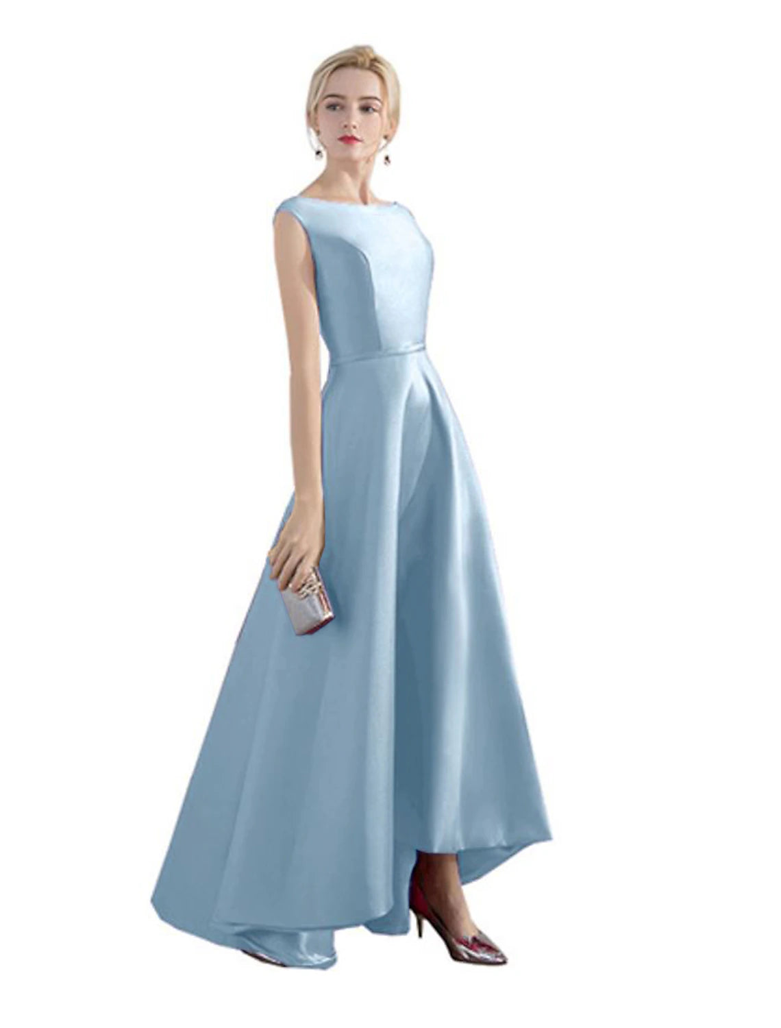 A-Line Evening Gown Christmas Red Green Dress Wedding Guest Party Wear Asymmetrical Sleeveless Jewel Neck Satin with Sleek