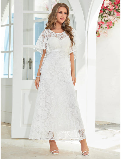 A-Line Wedding Guest Dresses Elegant Dress Party Wear Wedding Party Ankle Length Half Sleeve Jewel Neck Lace with Ruffles Appliques