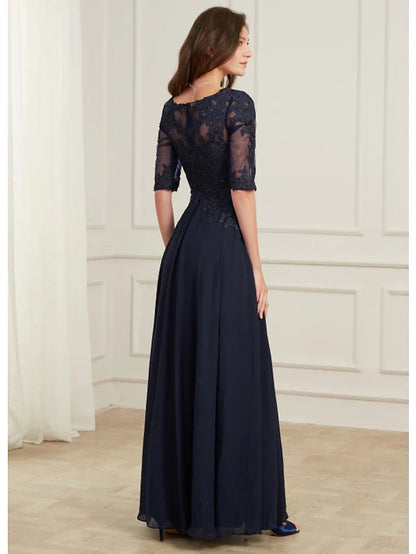 A-Line Elegant Wedding Guest Formal Evening Dress Jewel Neck Half Sleeve Floor Length Tulle with Appliques