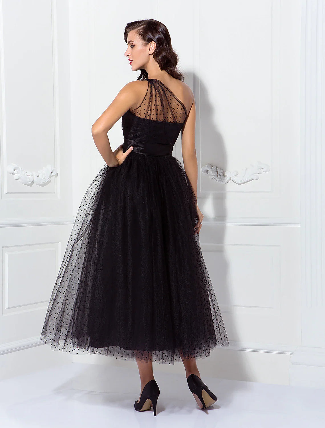 A-Line Cocktail Dresses Vintage Dress Wedding Guest Cocktail Party Ankle Length Sleeveless One Shoulder Wednesday Addams Family Tulle with Pleats Pattern / Print