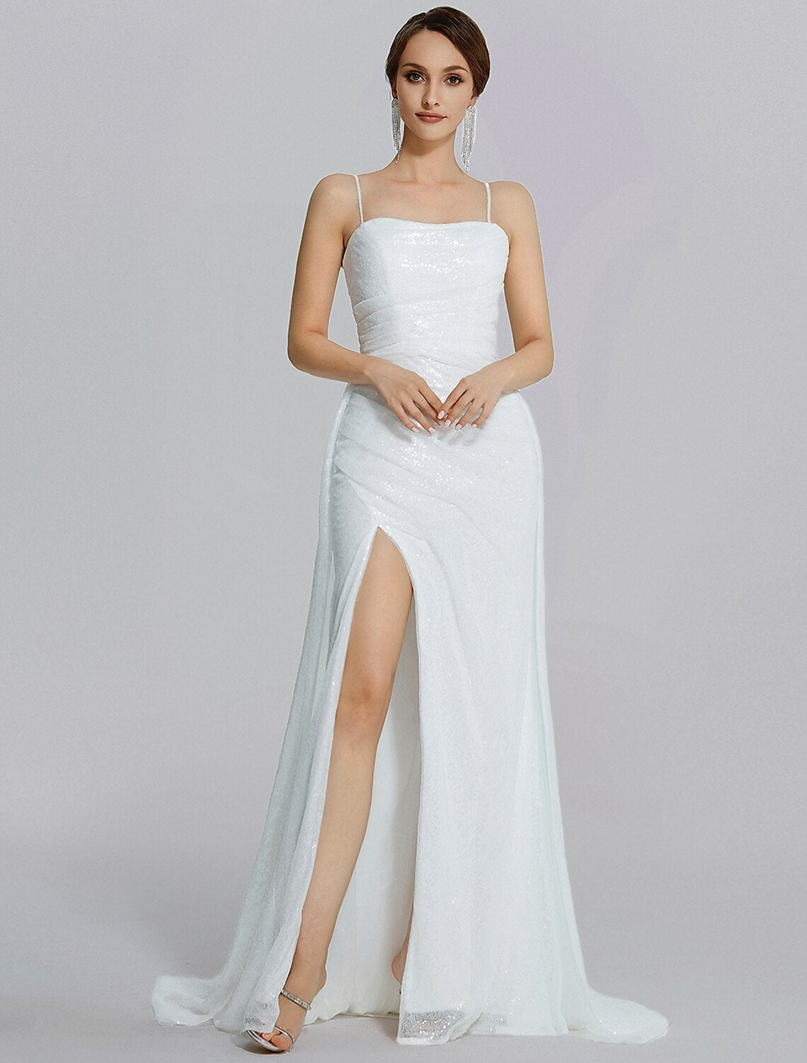 Mermaid / Trumpet Prom Dresses Sparkle Dress Wedding Floor Length Sleeveless Cowl Neck Sequined with Ruched Slit
