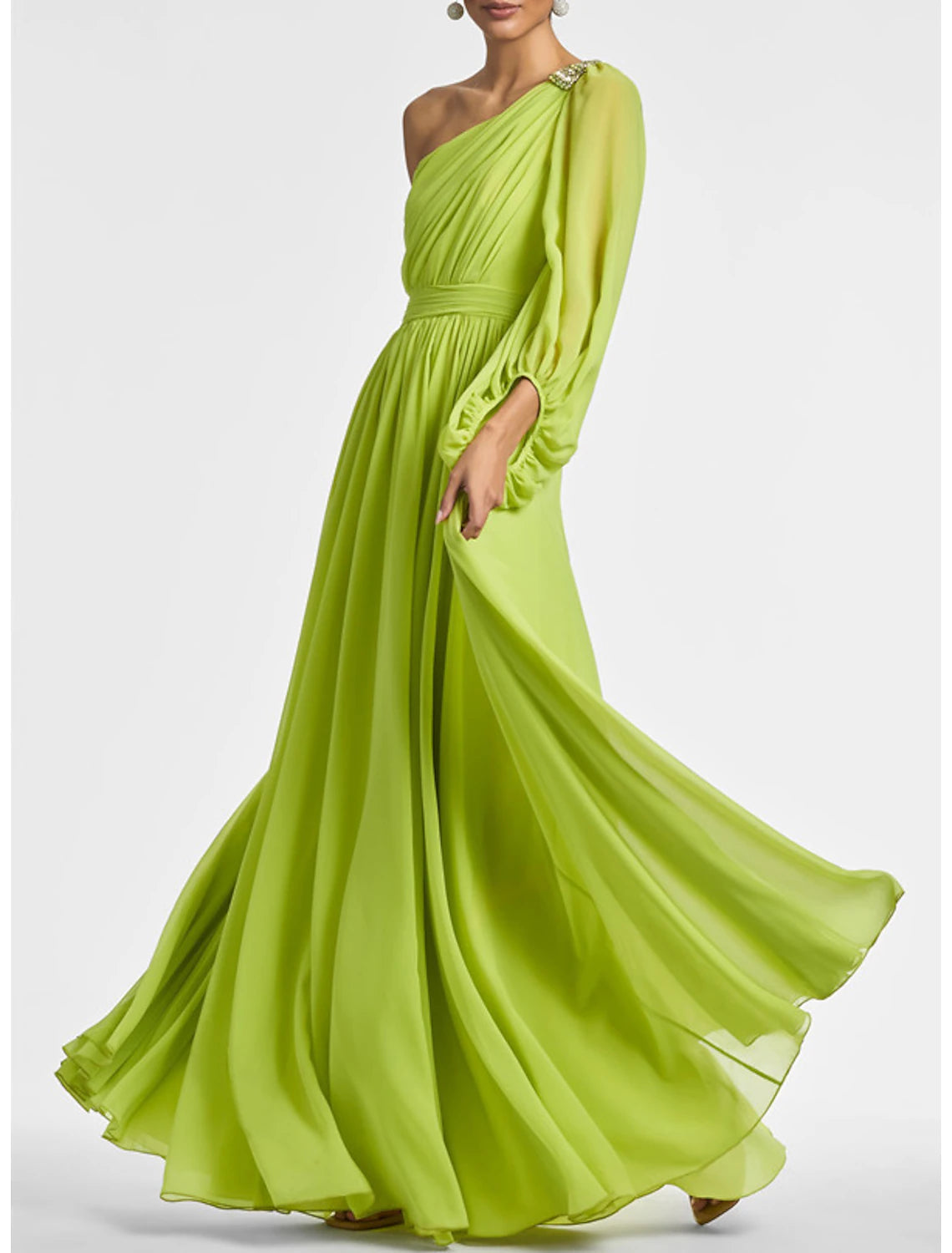 A-Line Wedding Guest Dress Formal Wedding Party Floor Length Long Sleeve One Shoulder Chiffon with Ruched