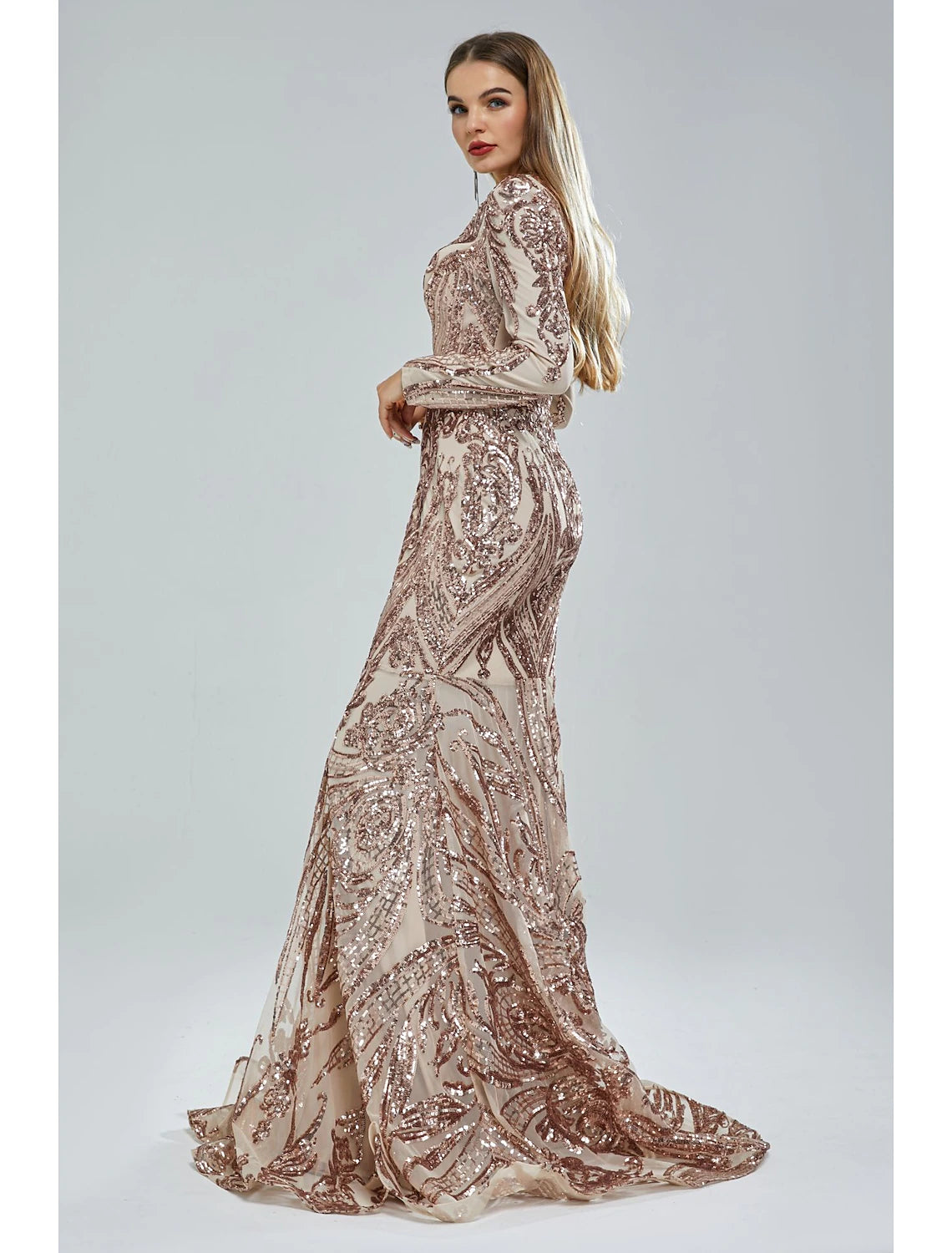 Mermaid / Trumpet Evening Gown Elegant Dress Carnival Formal Court Train Long Sleeve V Neck African American Lace with Sequin