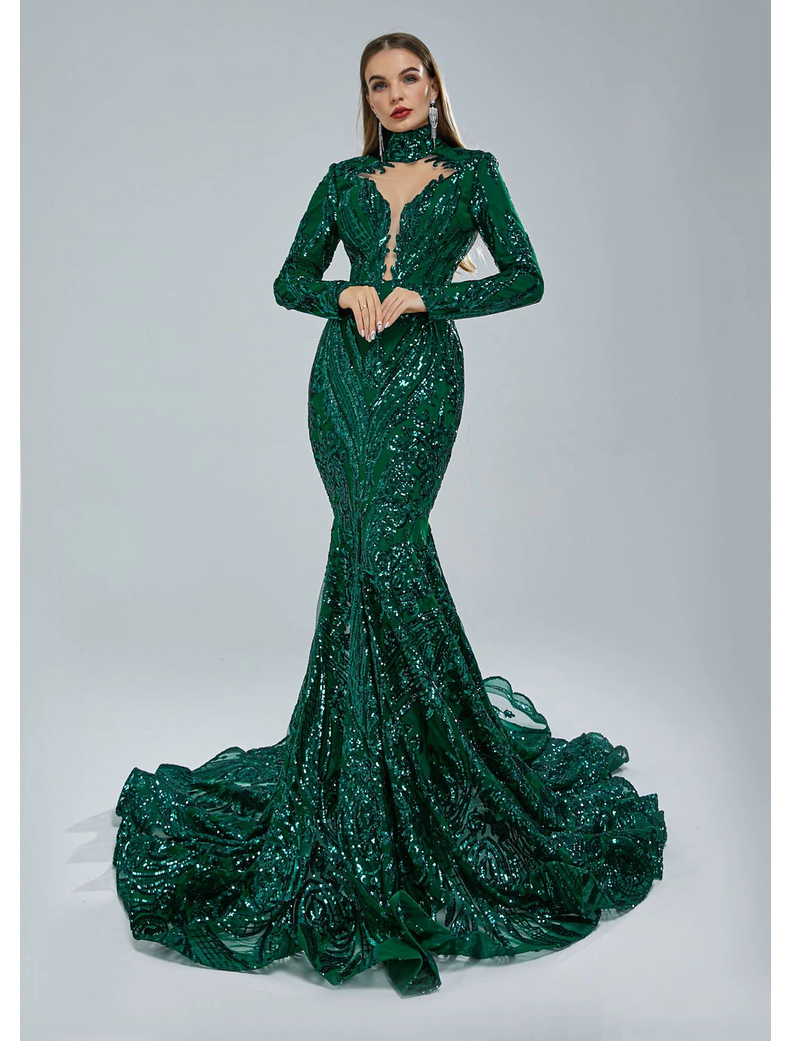 Mermaid Party Dress Evening Gown Sparkle & Shine Dress Carnival Christmas Red Green Dress Court Train Long Sleeve Stand Collar Lace with Sequin