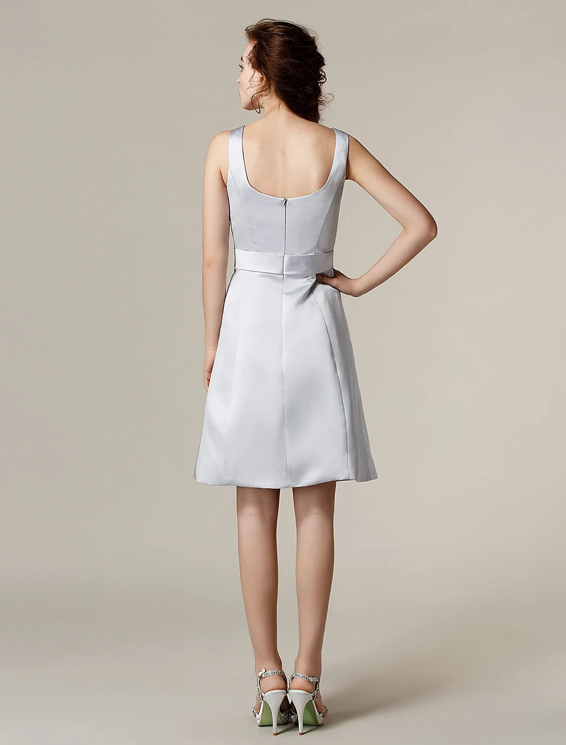 A-Line Bridesmaid Dress Square Neck Sleeveless Knee Length Satin with Sash / Ribbon / Bow(s)