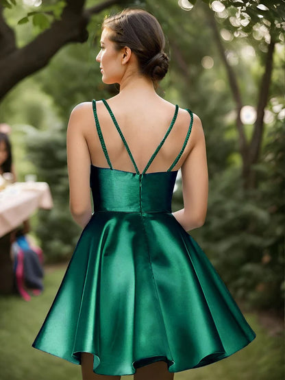 Satin Spaghetti Strap A-Line Backless Short Homecoming Dress