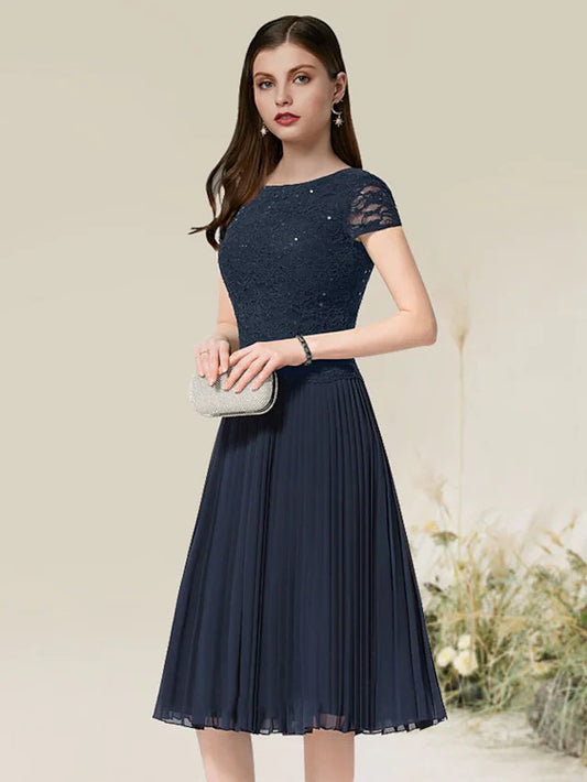 A-Line Cocktail Dresses Flirty Dress Homecoming Tea Length Short Sleeve Jewel Neck Chiffon with Pleats