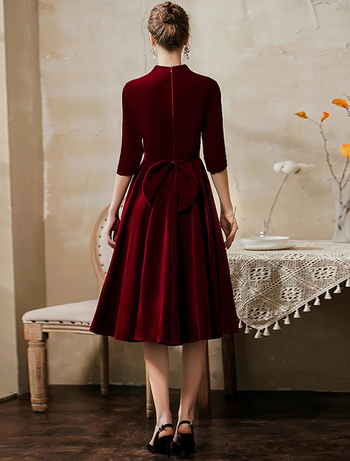 A-Line Cocktail Dresses Vintage Dress Wedding Guest Party Wear Tea Length Half Sleeve V Neck Fall Wedding Guest Velvet with Sleek