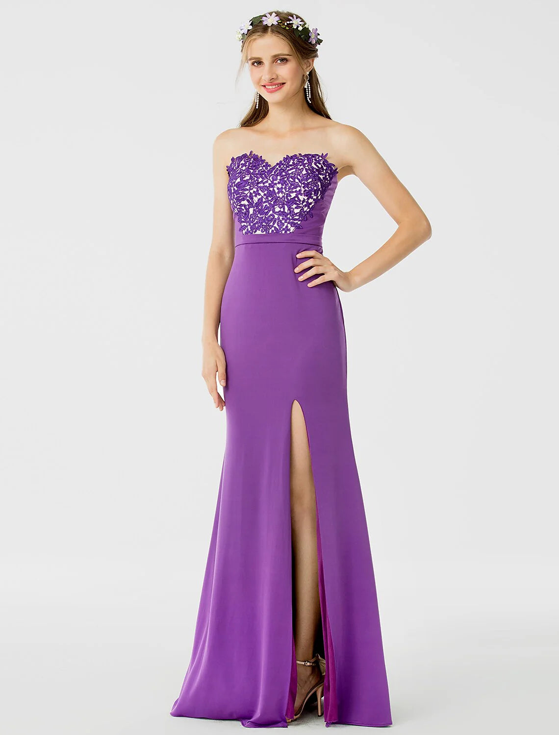 Sheath / Column Bridesmaid Dress Sweetheart Sleeveless Open Back Floor Length Jersey / Floral Lace with Sash /  Appliques / Split Front