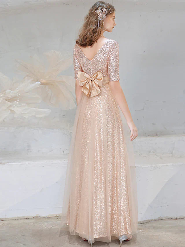 A-Line Evening Gown Sparkle Dress Wedding Guest Floor Length Half Sleeve V Neck Sequined with Bow(s) Sequin