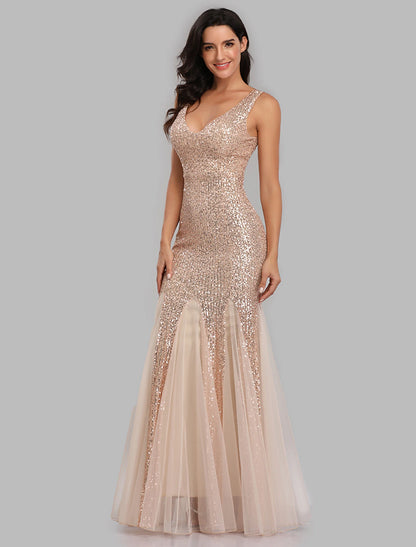 Mermaid / Trumpet Sparkle Sexy Party Wear Formal Evening Dress V Neck Sleeveless Floor Length Sequined with Sequin