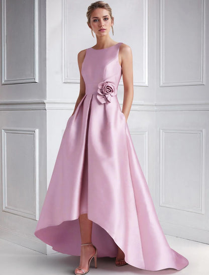 A-Line Cocktail Dresses Formal Wedding Guest Floor Length Sleeveless Boat Neck Pink Dress Satin with Pocket