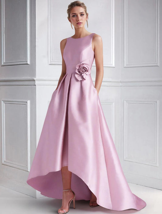 A-Line Cocktail Dresses Formal Wedding Guest Floor Length Sleeveless Boat Neck Pink Dress Satin with Pocket