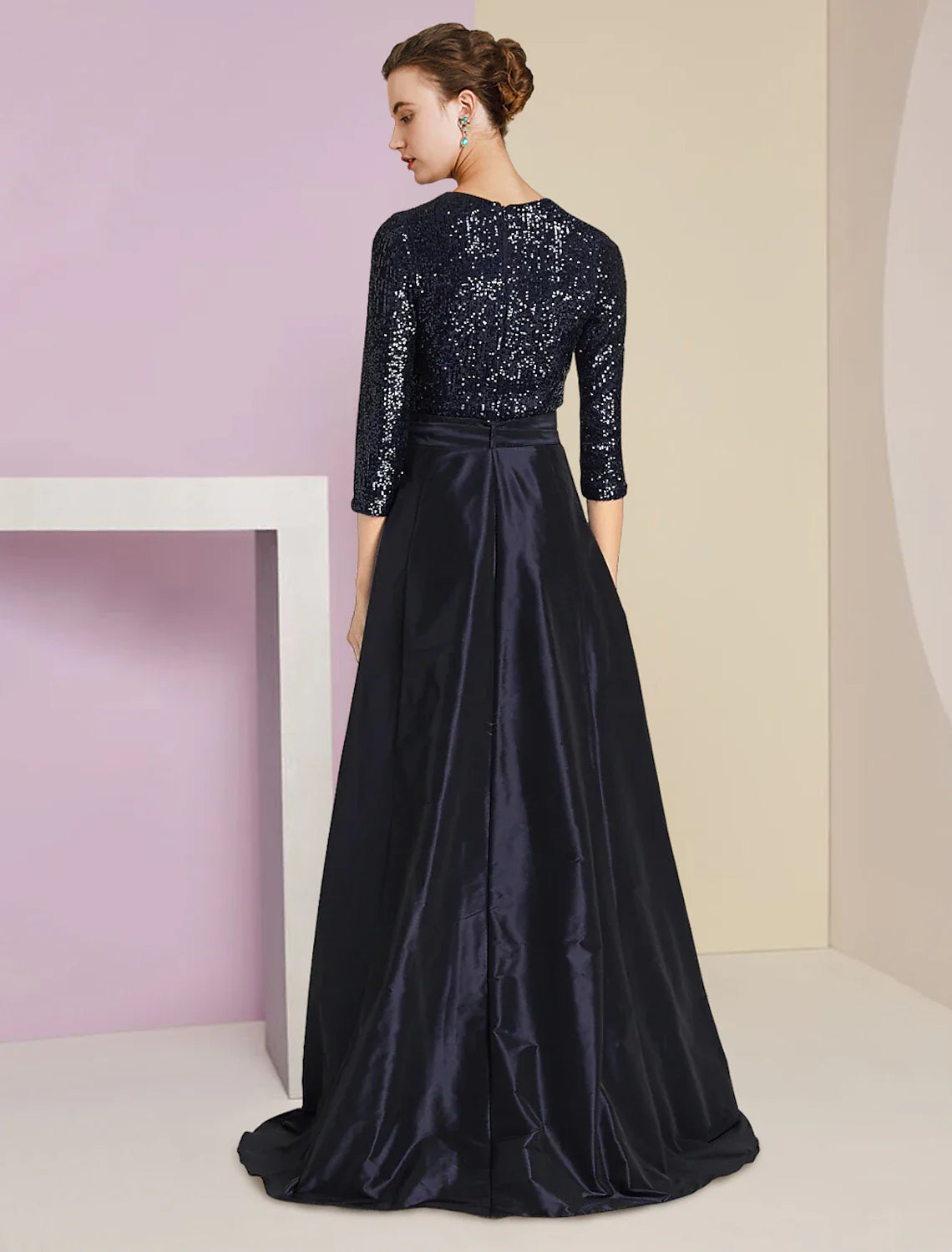 Two Piece Sheath / Column Mother of the Bride Dress Formal Wedding Guest Sparkle & Shine Elegant Scoop Neck Floor Length Detachable Taffeta Sequined 3/4 Length Sleeve with Bow