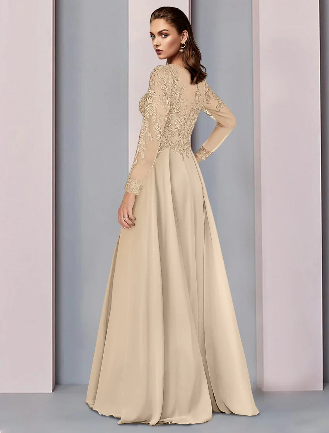 A-Line Mother of the Bride Dress Wedding Guest Party Elegant Scoop Neck Floor Length Chiffon Half Sleeve with Lace Ruching