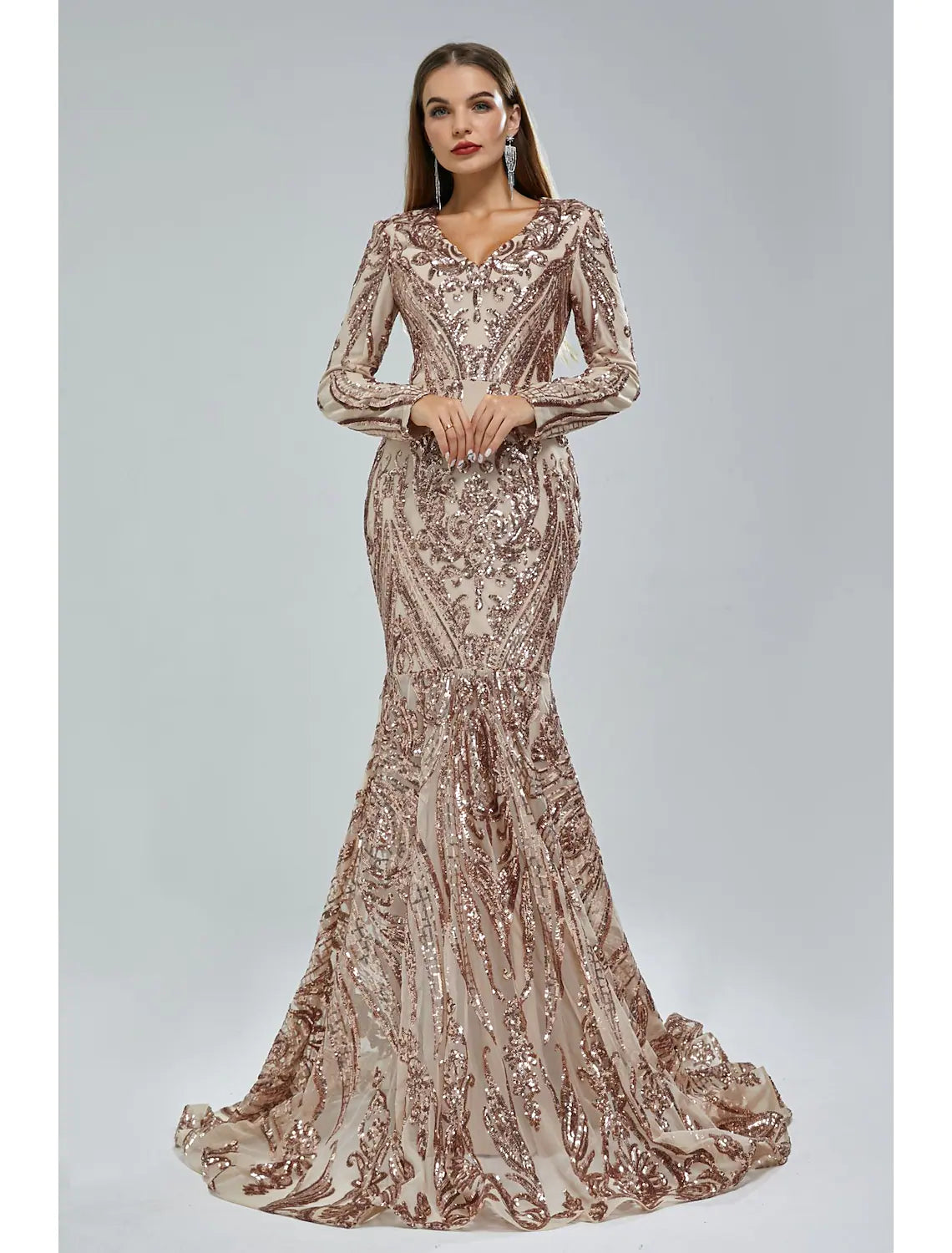 Mermaid / Trumpet Evening Gown Elegant Dress Engagement Court Train Long Sleeve V Neck Lace with Sequin