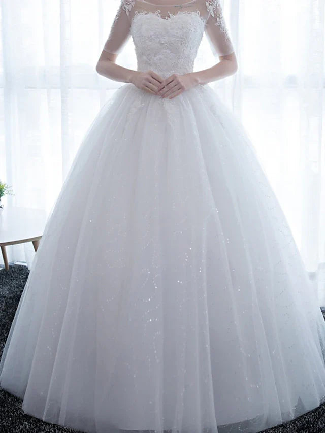 Engagement Formal Wedding Dresses Floor Length Ball Gown Half Sleeve Illusion Neck Satin With Lace