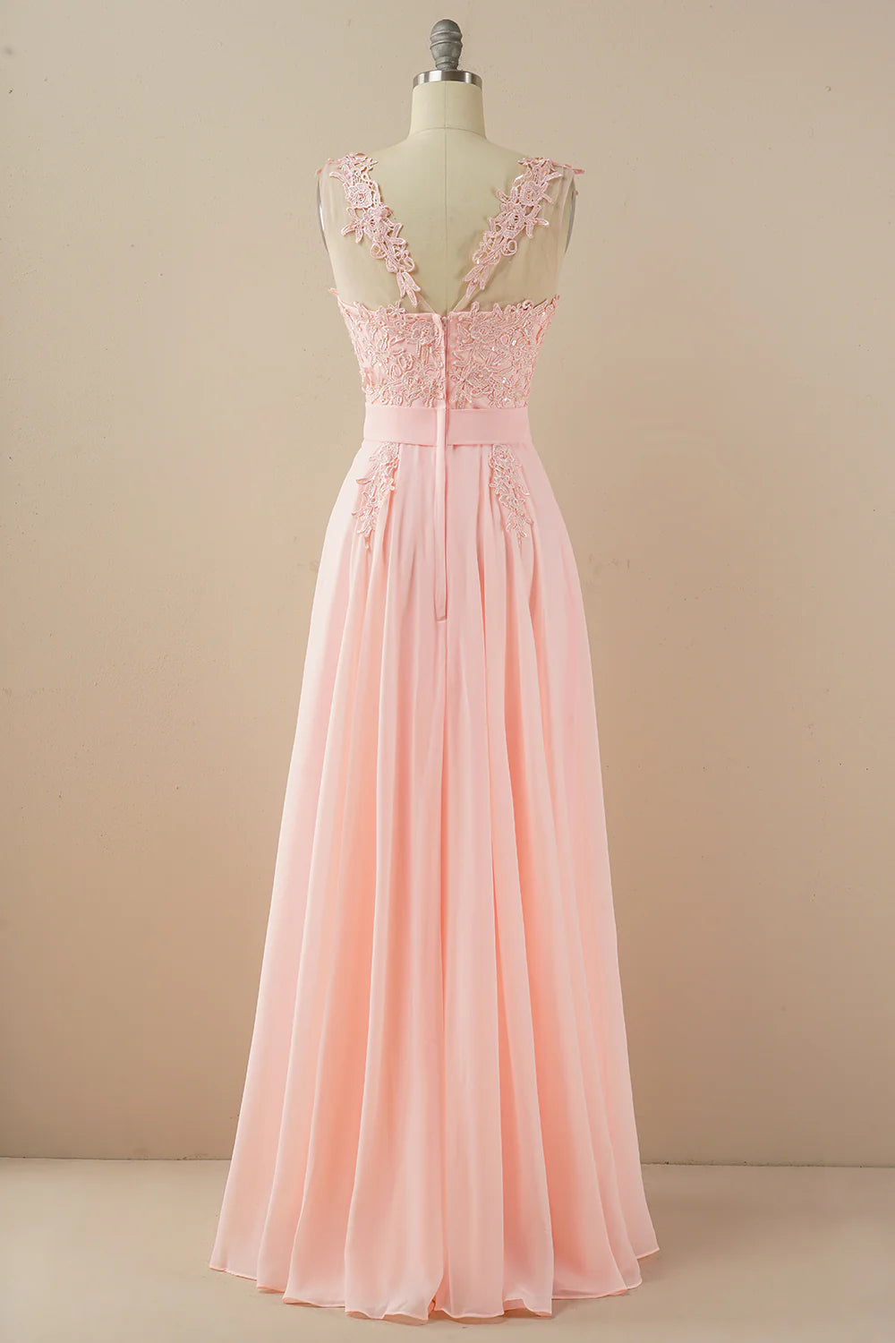 Chiffon Floor Length Beaded Bateau Prom Dress With Appliques