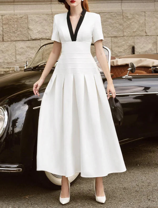 A-Line Cocktail Dresses Elegant Dress Wedding Guest Ankle Length Short Sleeve V Neck Stretch Fabric