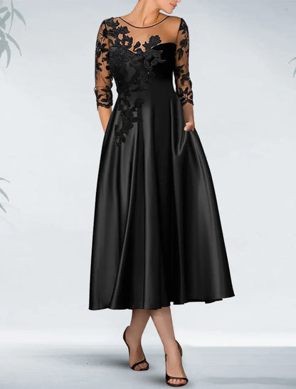 A-Line Cocktail Black Dress Plus Size Appliques Elegant Dress Fall Wedding Guest Dress For Mother Knee Length 3/4 Length Sleeve Off Shoulder Pocket Satin with Pocket