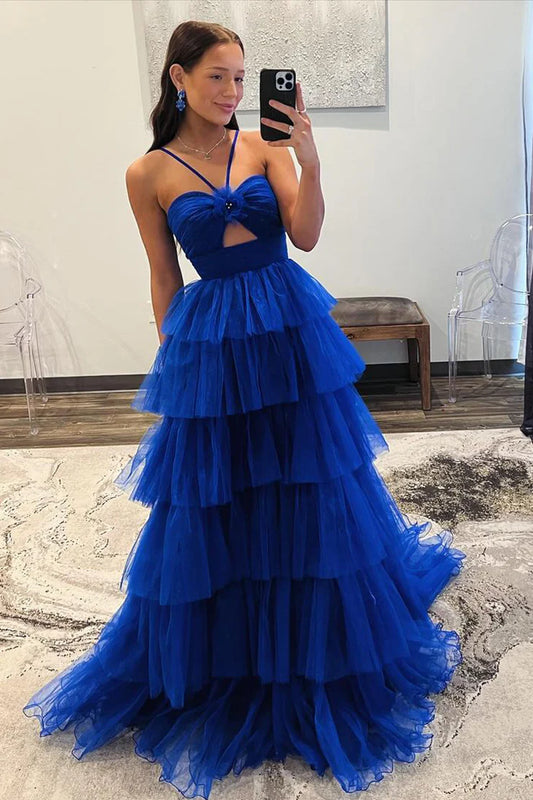 A-Line Spaghetti Straps Sweetheart Tiered Tulle Long Prom Dresses