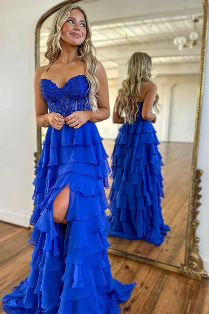 A-Line Strapless Royal Blue Ruffle Tiered Chiffon Long Prom Dress