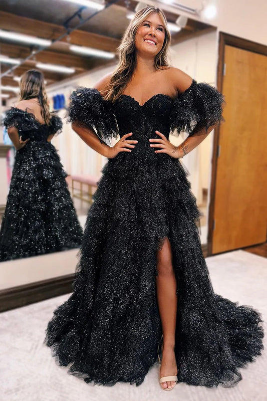 Ball Gown Sweetheart Sparkly Tulle Long Prom Dresses