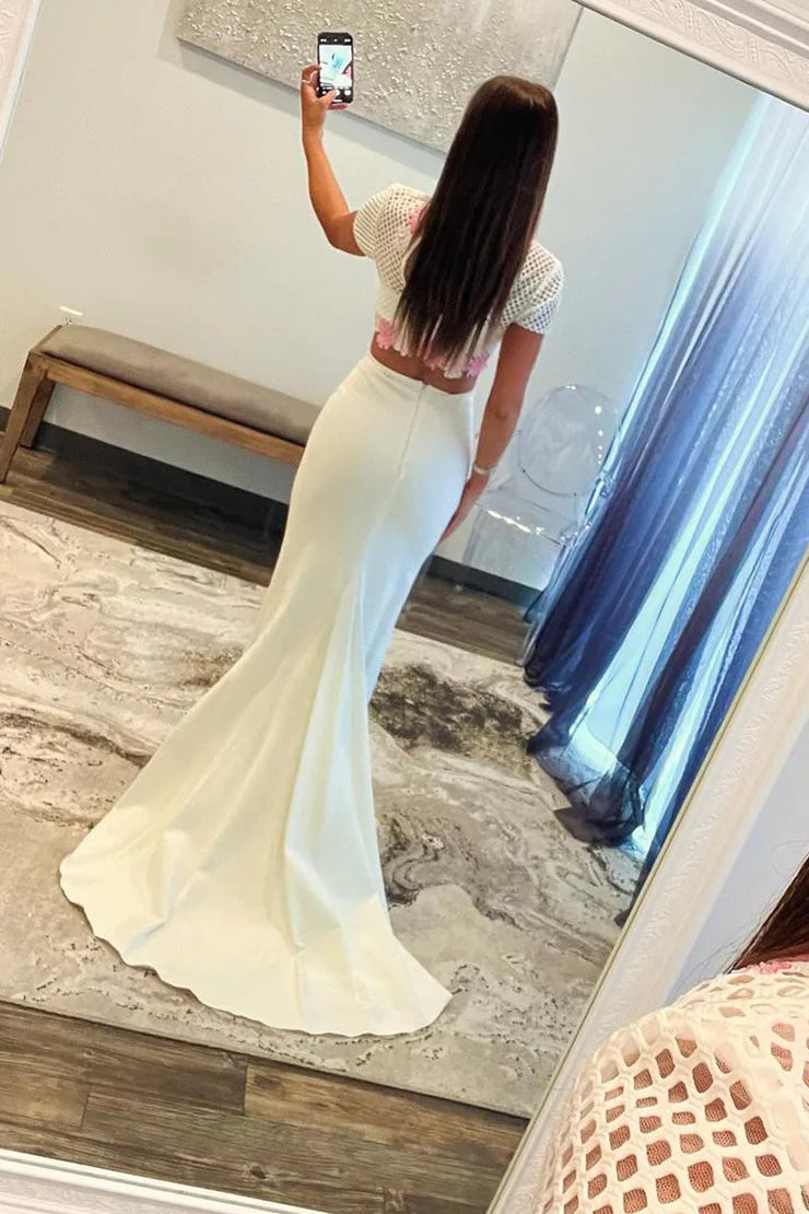 Two Piece Short Sleeve White Satin Long Prom Dress