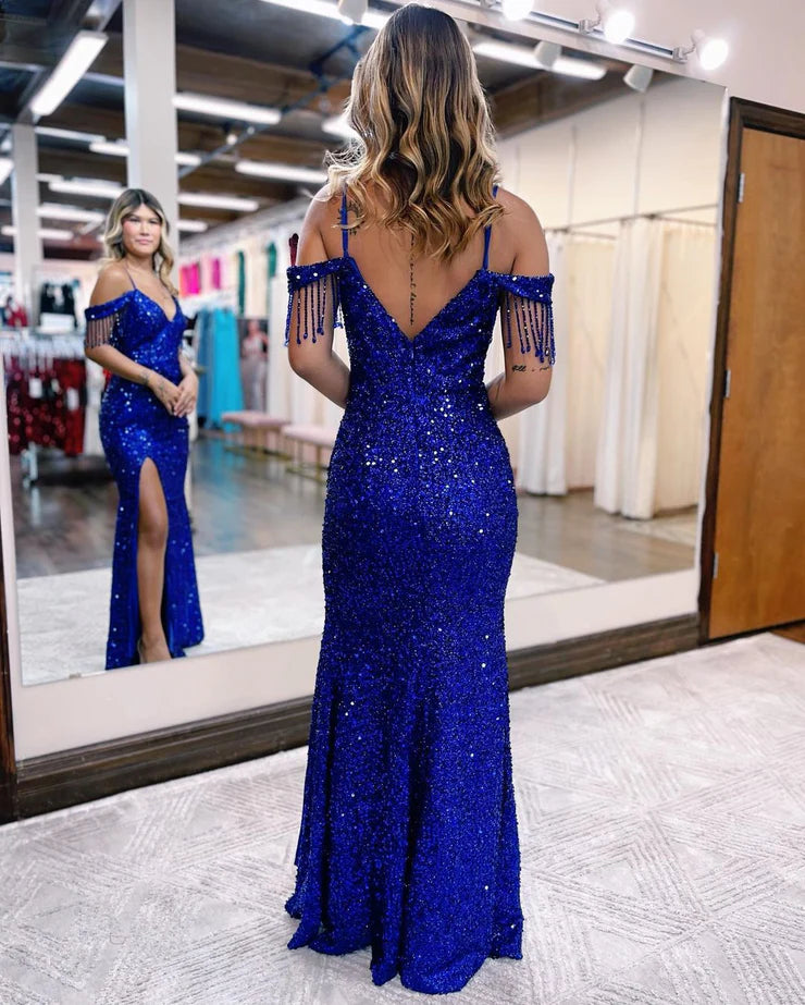 Mermaid Spaghetti Straps Off the Shoulder Royal Blue Sequins Long Prom Dresses with Slit