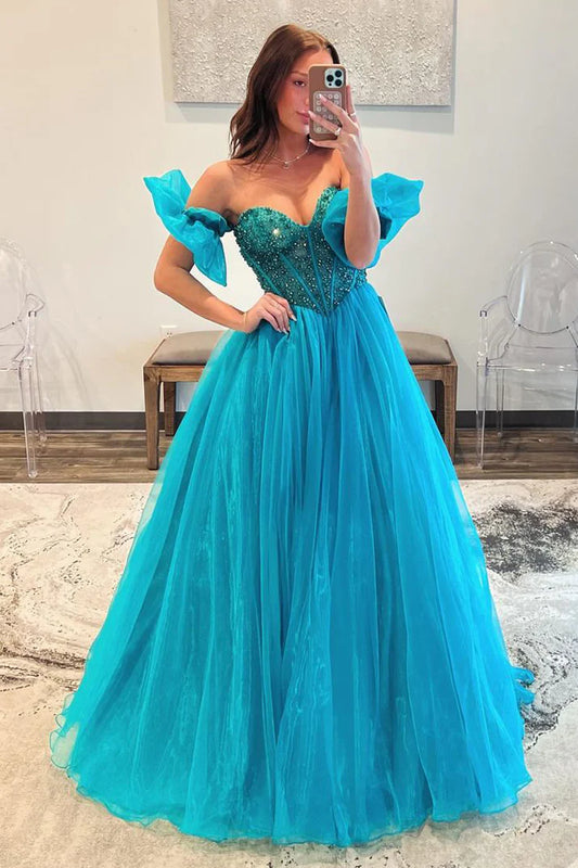 A Line Princess Strapless Long Prom Dress with Sleeves/Beading