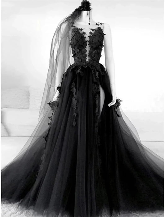 Evening Gown Elegant Dress Formal Court Train Black Dress Sleeveless Illusion Neck Tulle with Pleats Slit Appliques