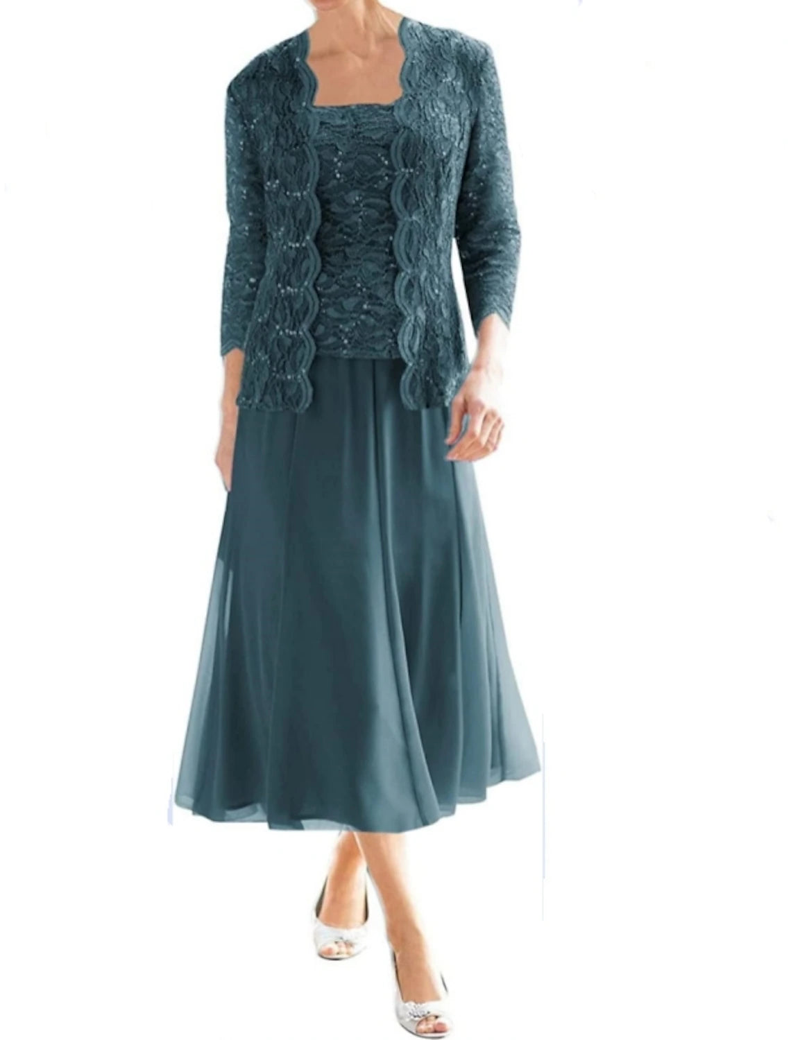 Sheath Elegant Vintage Square Neck  3/4 Length Sleeve Wedding Guest Dress Tea Length Chiffon Lace Mother of the Bride Dress with Pleats Sequin