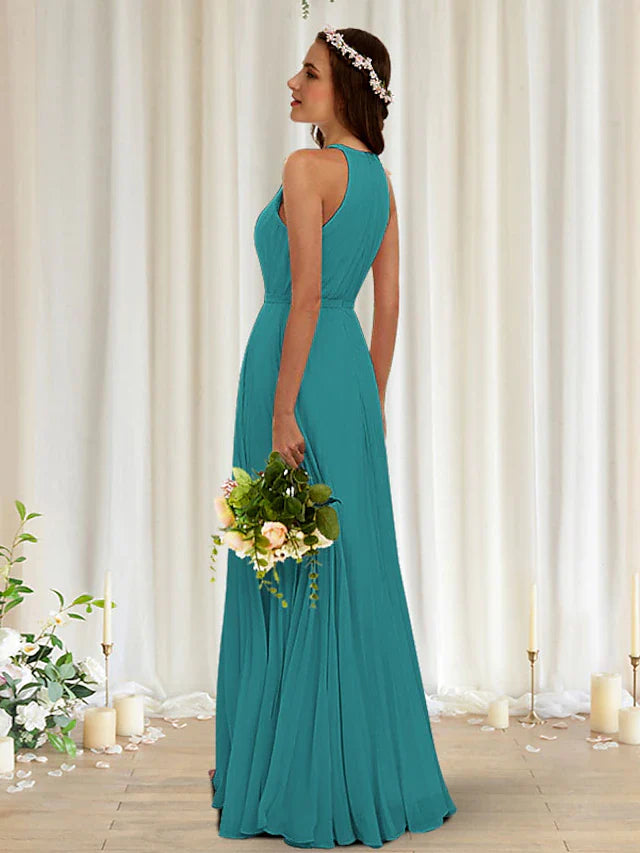 A-Line Bridesmaid Dress Halter Neck Sleeveless Elegant Floor Length Chiffon / Lace with Pleats