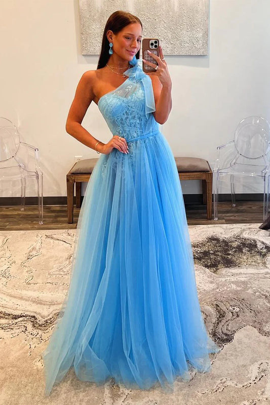 One Shoulder Light Blue Tulle Long Prom Dress with Appliques