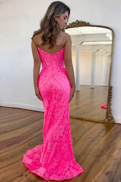 Mermaid Strapless Sweep Train Lace Prom Dress With Slit