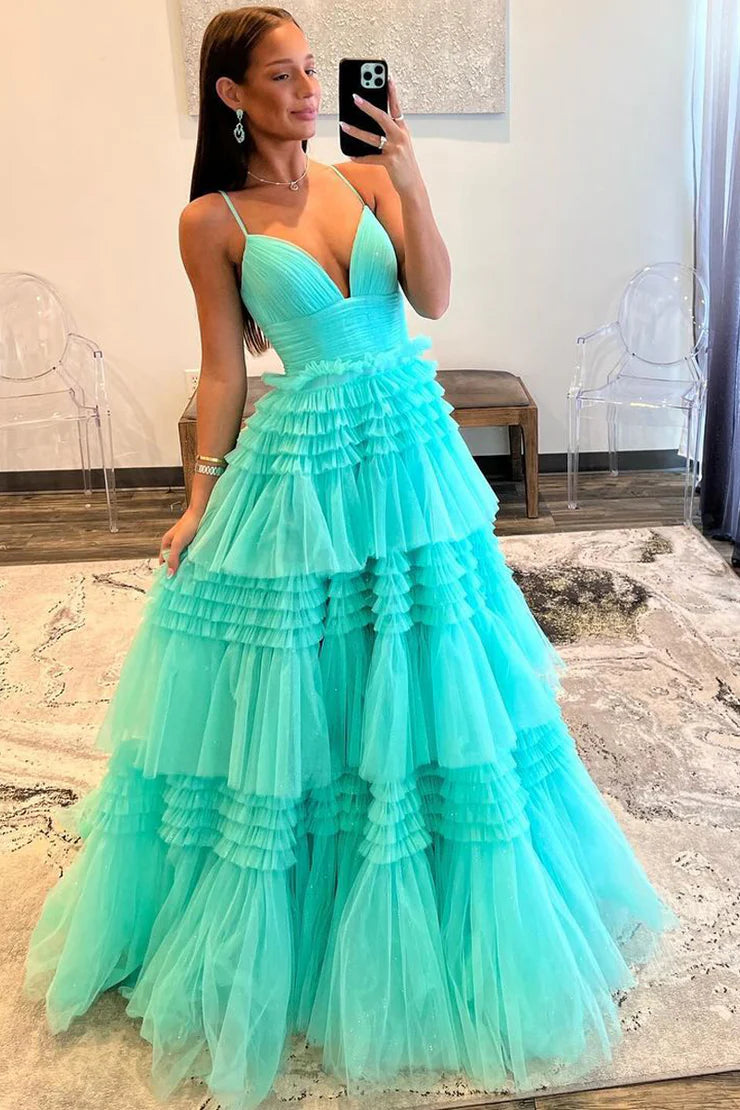 A Line Spaghetti Straps V Neck Mint Tulle Layers Long Prom Dress