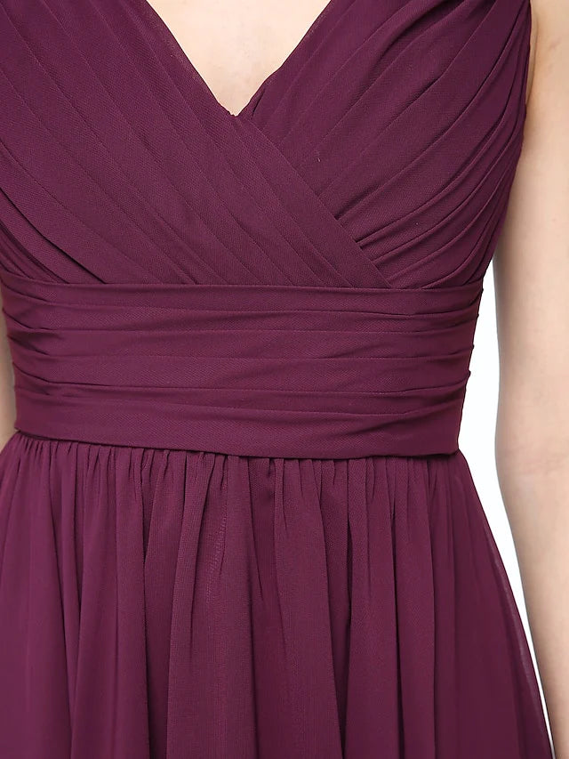 A-Line Bridesmaid Dress V Neck Sleeveless Elegant Short / Mini Chiffon with Pleats