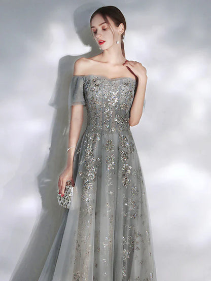 A-Line Evening Gown Glittering Dress Engagement Floor Length Short Sleeve Off Shoulder Spandex with Sequin Appliques