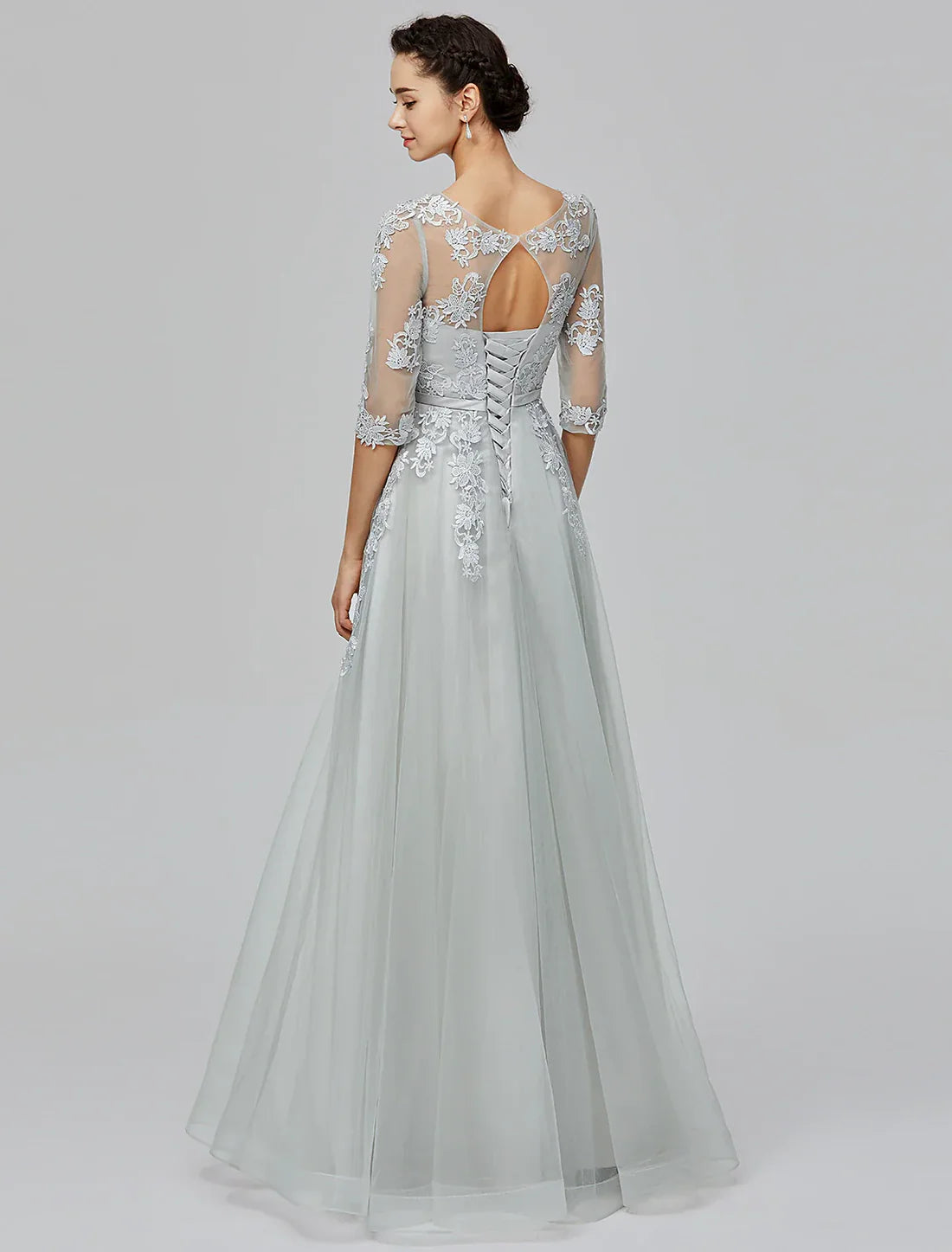 A-Line Evening Dress Wedding Guest Prom Floor Length Half Sleeve Illusion Neck Tulle with Bow(s) Appliques