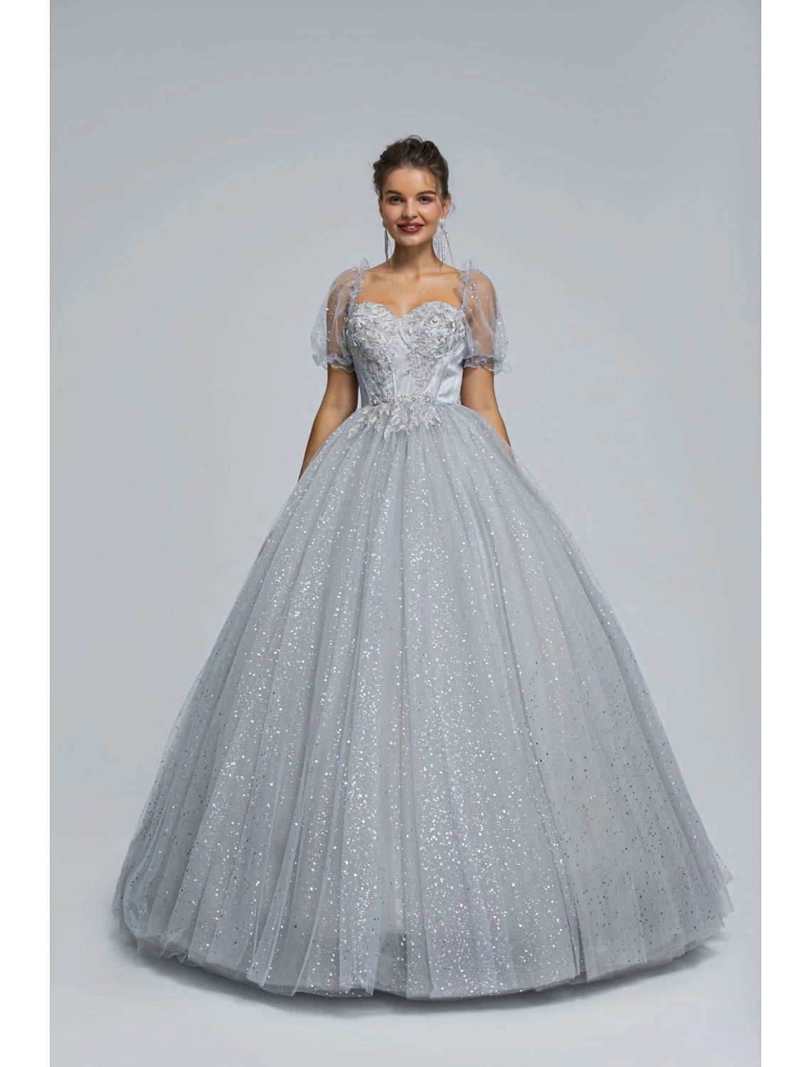 Ball Gown Prom Dresses Princess Dress Graduation Quinceanera Floor Length Short Sleeve Sweetheart Tulle with Sequin Appliques