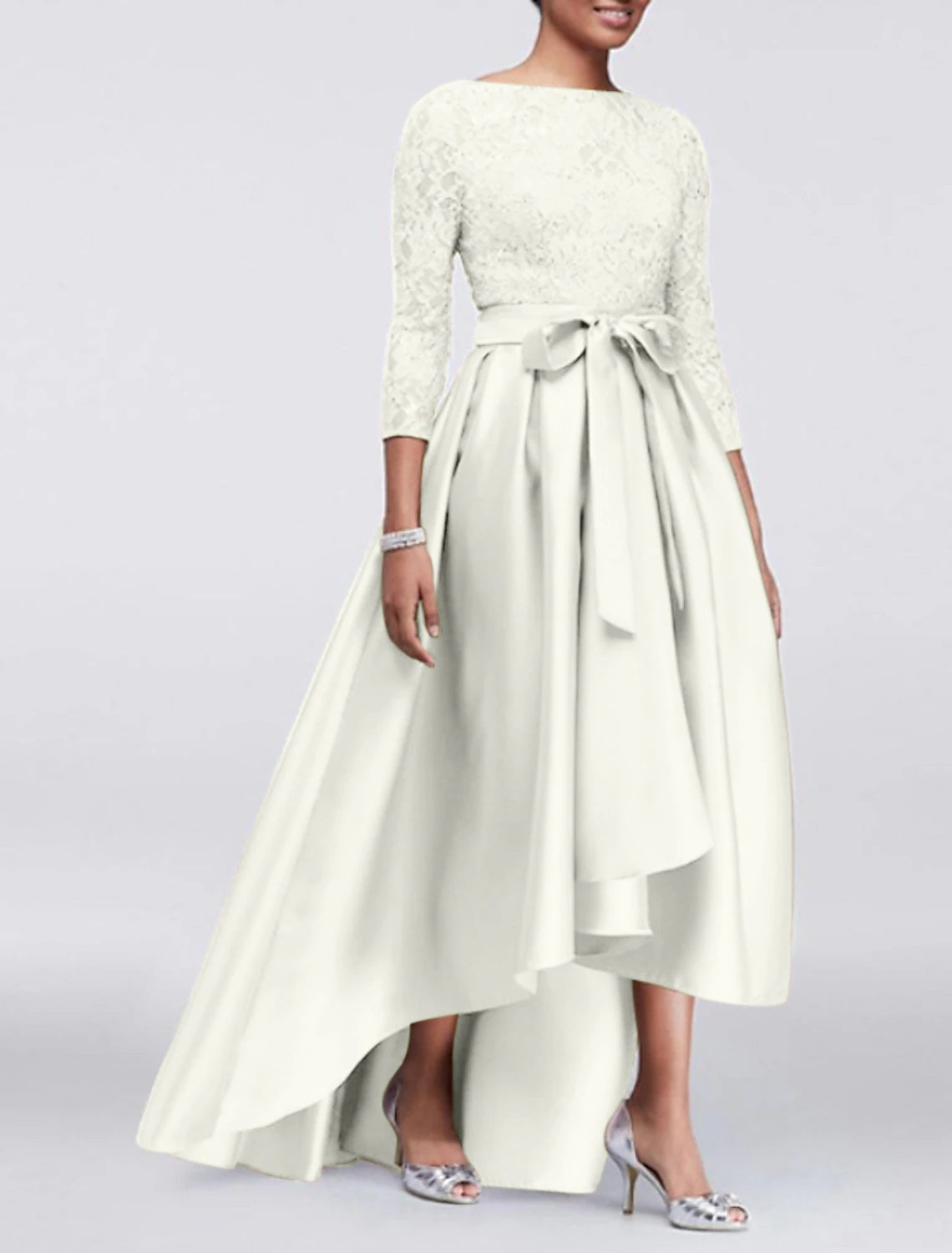 A-Line Wedding Guest Dress Plus Size Satin Lace 3/4 Length Sleeve Mother of the Bride Dress High Low Jewel Neck Asymmetrical Dress  with Sash / Ribbon Appliques