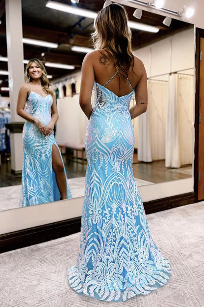 Mermaid V Neck Light Blue Sequins Lace Long Prom Dresses with Slit