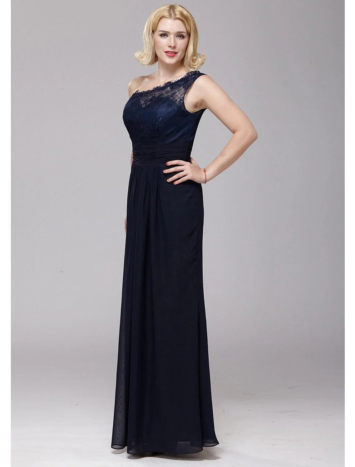 A-Line Bridesmaid Dress One Shoulder Sleeveless Elegant Floor Length Chiffon / Lace with Lace / Sash / Ribbon