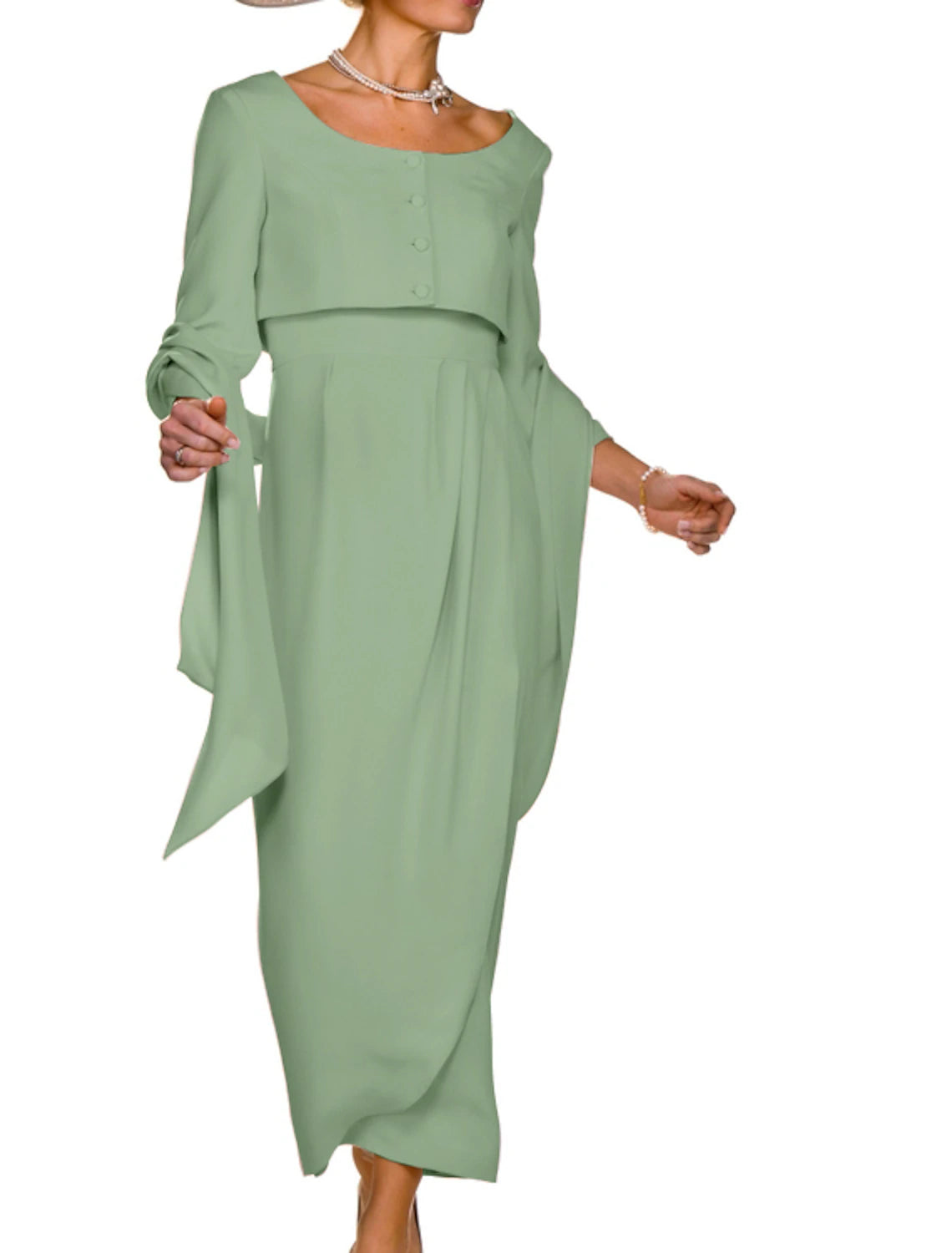 Sheath / Column  Square Neck Ankle Length Two Pieces  Wedding Guest Party Dress Stretch Fabric Sleeveless Short Jacket Mother of the Bride Dress  with Buttons Pleats