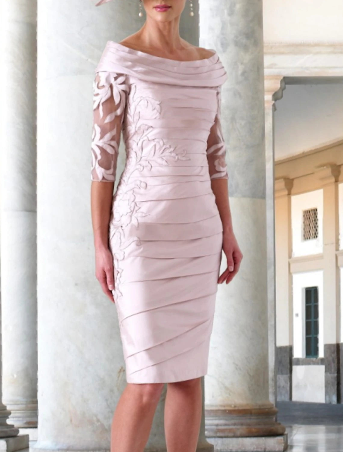 Wedding Guest Dress  Off Shoulder Knee Length Taffeta Half Sleeve Mother of the Bride Dress with Appliques Ruching